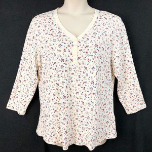 CHAPS XXL Cream Blue Red Floral V Neck Long Sleeve Henley Top Button Tab NEW
